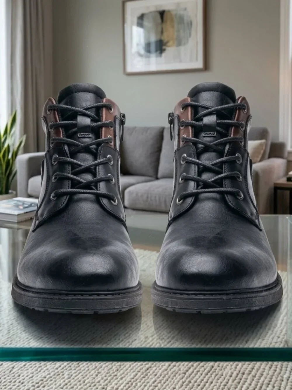 Men's Black Leather Oxford Boots Lace-Up Side Zipper Casual